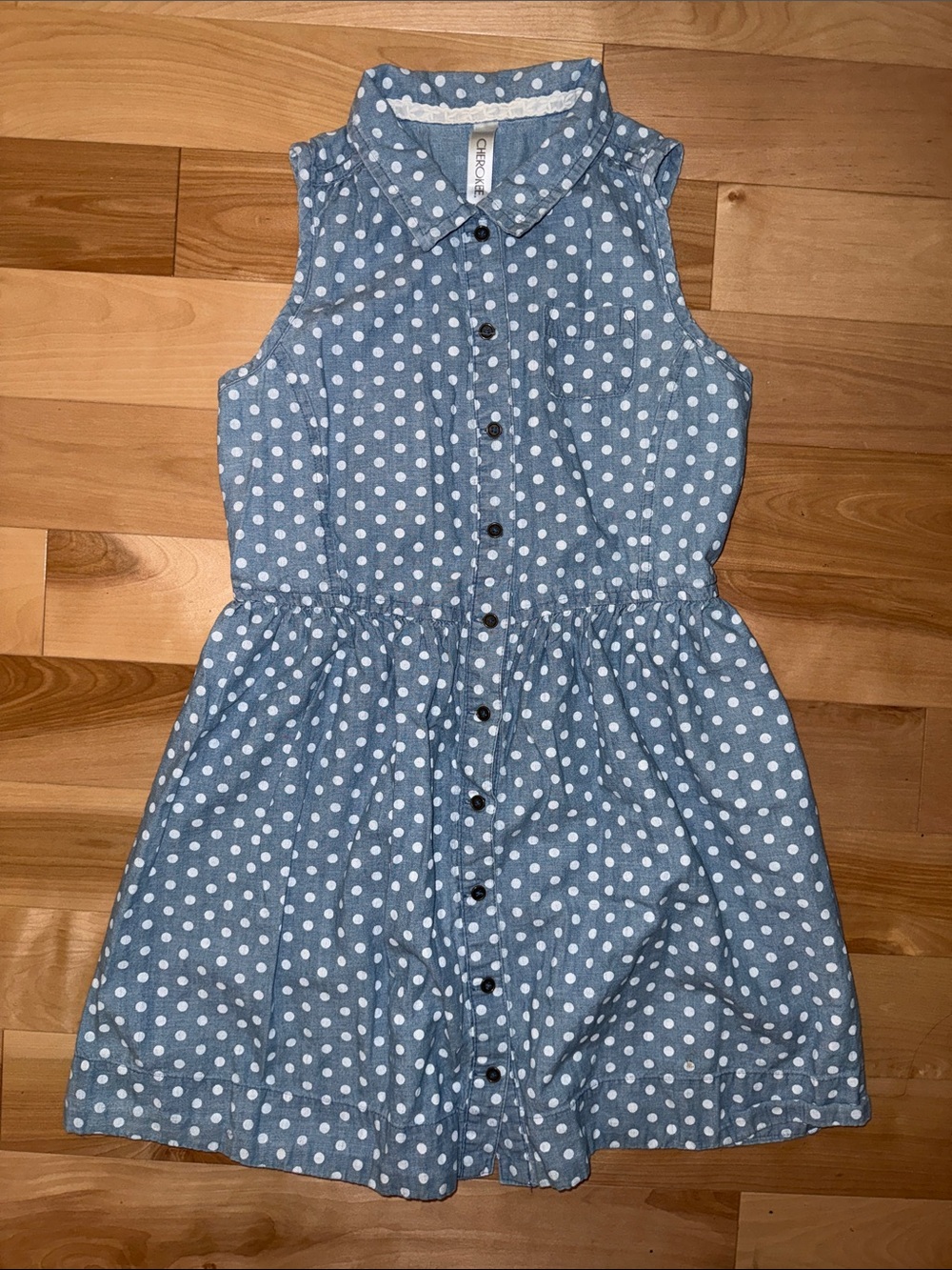 Polka Dot Blue Sleeveless Button-Front Kids Lightweight Denim Dress L So Cute!